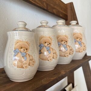 Vintage Tienshan Stoneware Theodore Country Bear Canister Set 4 Pc Kitchen